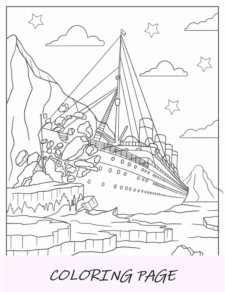 Página para colorear del Titanic estrellándose contra el iceberg