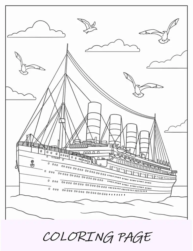 Titanic en el mar con gaviotas en el cielo para colorear
