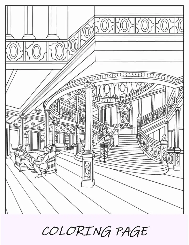 Hoja para colorear realista de la gran escalera del Titanic