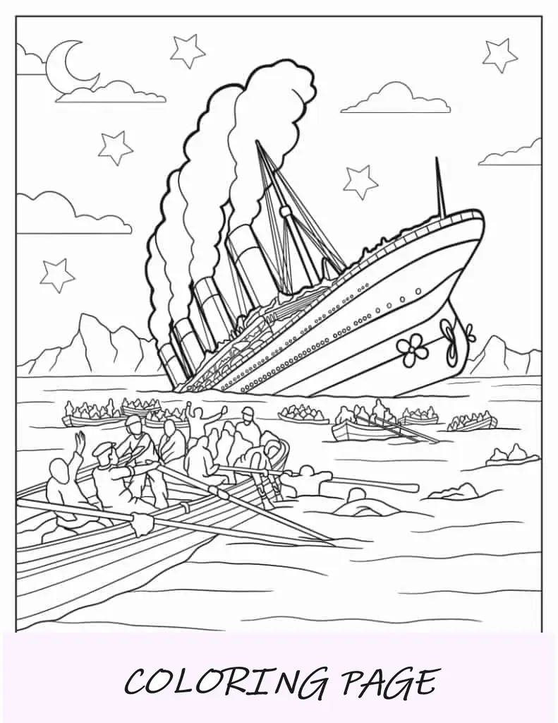 Sobrevivientes del Titanic remando desde el hundimiento del Titanic para colorear