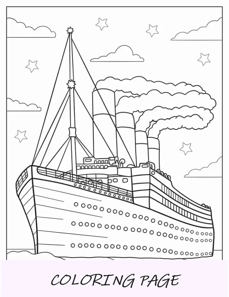 Dibujo para colorear de la vista frontal del Titanic