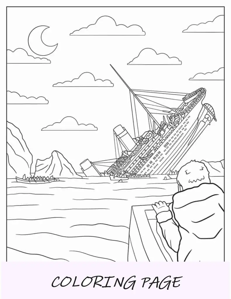 Página para colorear del Titanic hundiéndose mientras los supervivientes miran