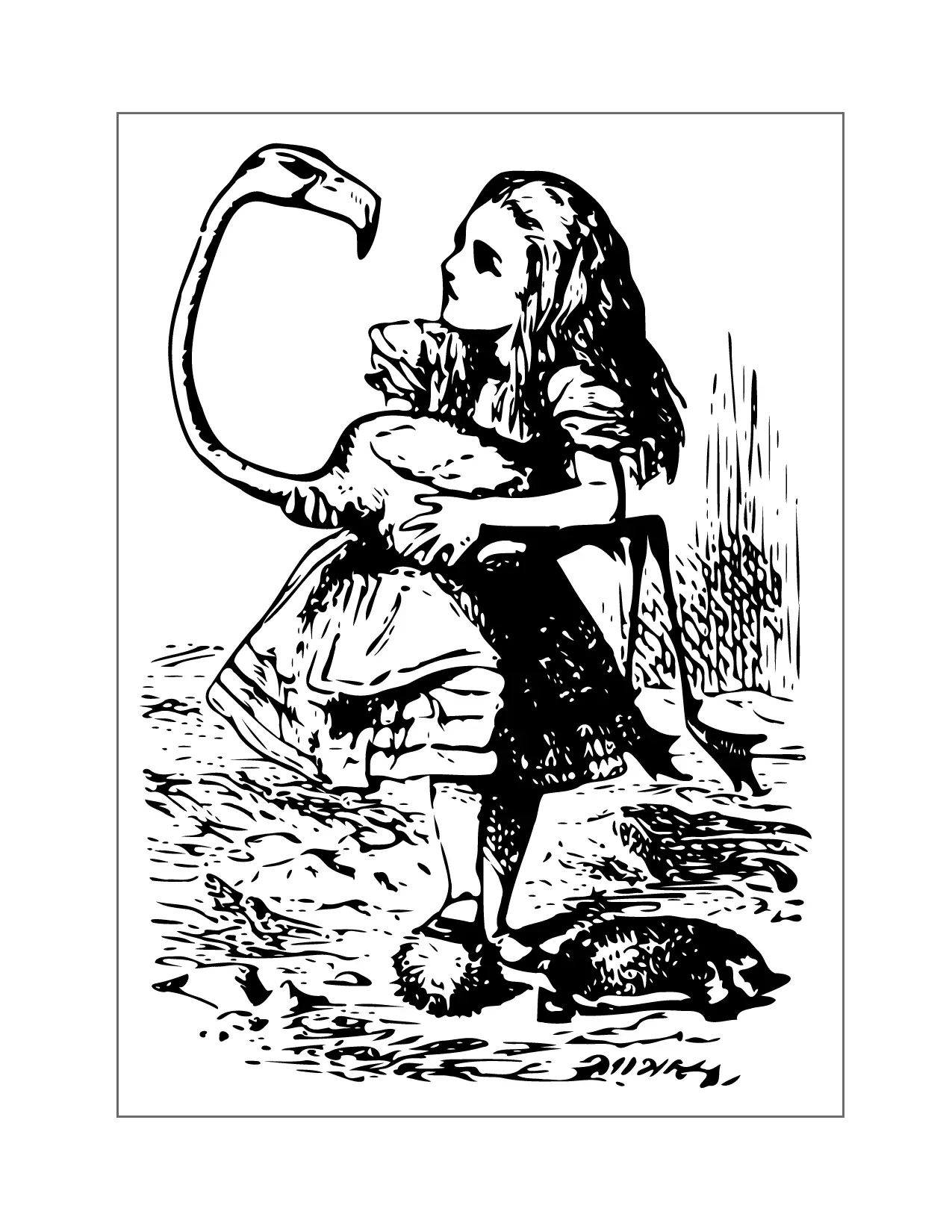 Alice With A Flamingo Coloring Page