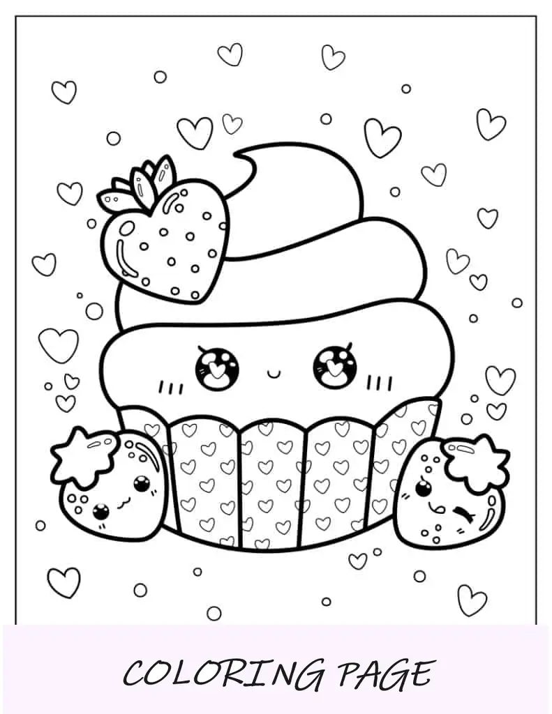 Cupcake Kawaii Com Morangos E Cobertura De Açúcar Para Colorir