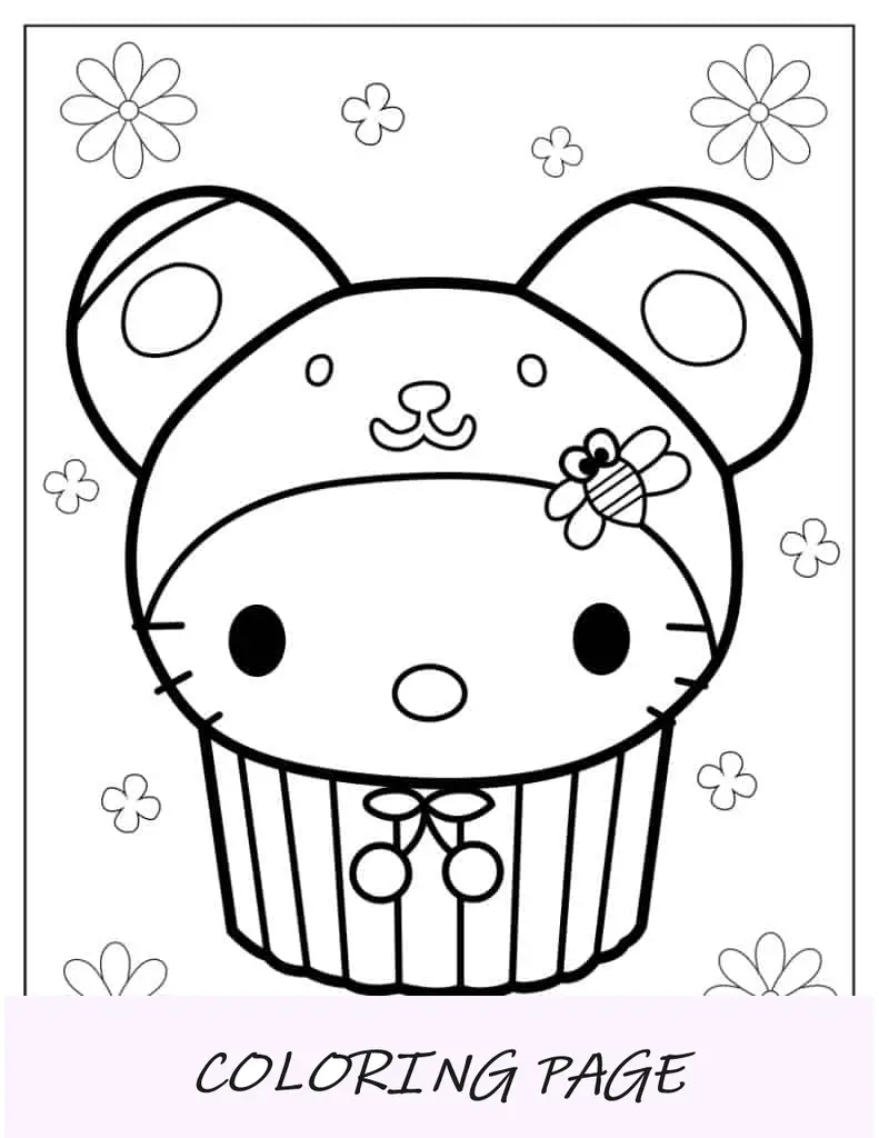Adorável página para colorir de cupcake da Hello Kitty