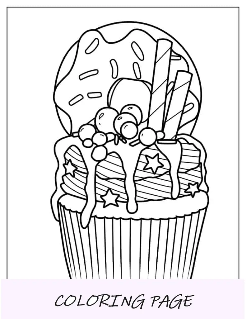 Página para colorir de cupcake com rosquinha para colorir