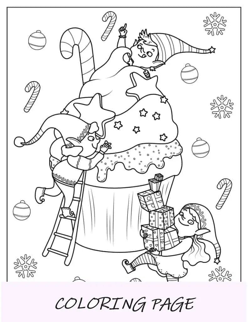 Cupcake temático de Natal com duendes para colorir