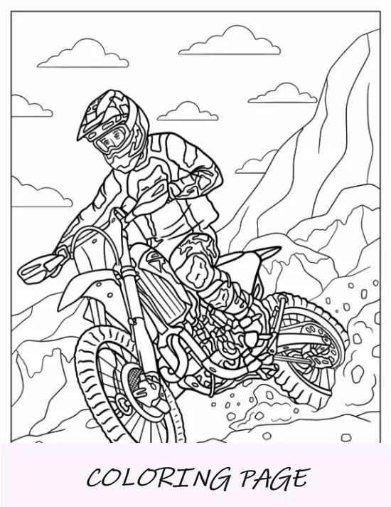 Dirt Bike Pagina da colorare di un uomo che cavalca su un terreno roccioso