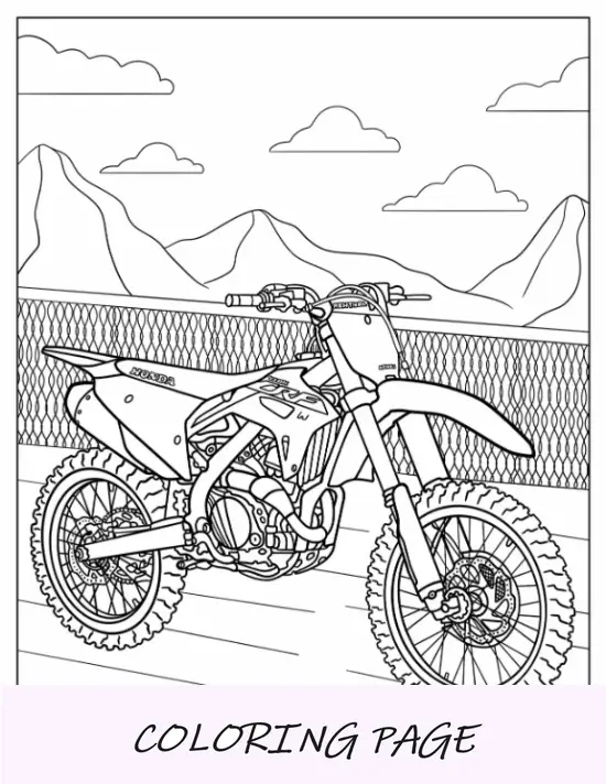 Pagina da colorare di Dirt Bike di Honda con le montagne sullo sfondo