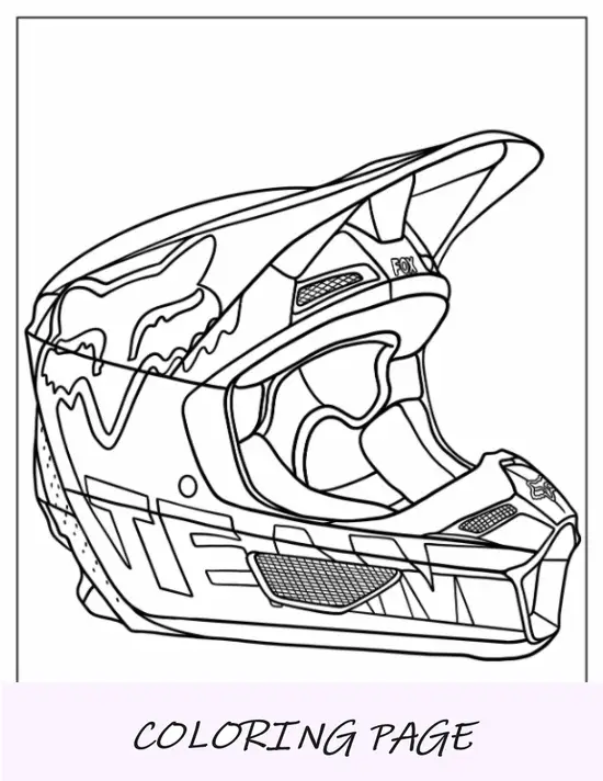 Pagina da colorare di Dirt Bike del casco da corsa Fox dettagliato