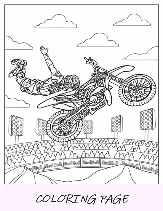 Pagina da colorare di Dirt Bike di un pilota freestyle che fa il trucco della presa sacra