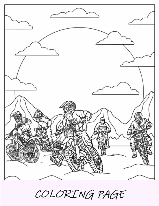 Pagina da colorare di Dirt Bike di piloti di motocross su terreno roccioso