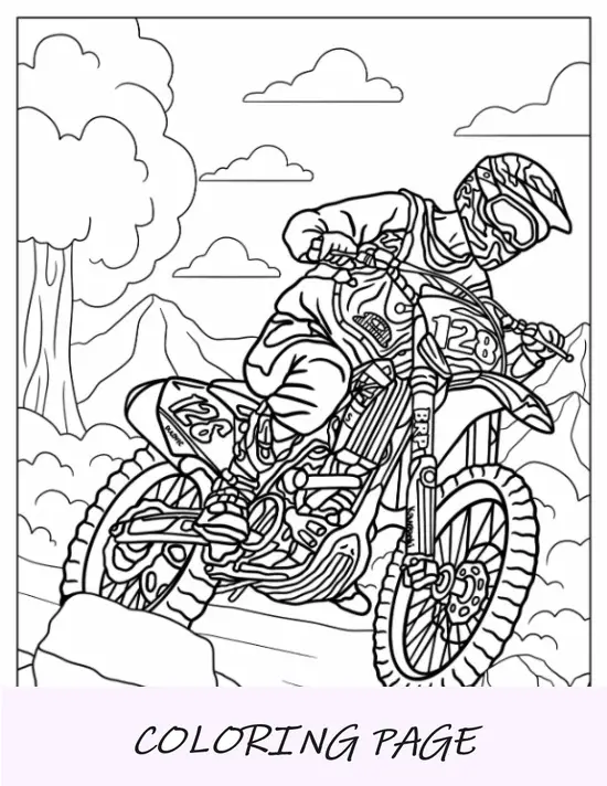 Pagina da colorare di Dirt Bike di un uomo che guida una Kawasaki in discesa