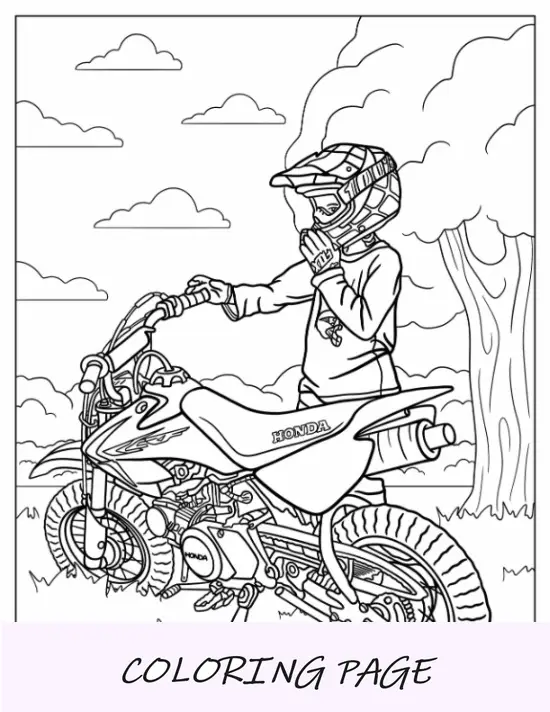 Pagina da colorare di Dirt Bike di un giovane ragazzo con la Honda