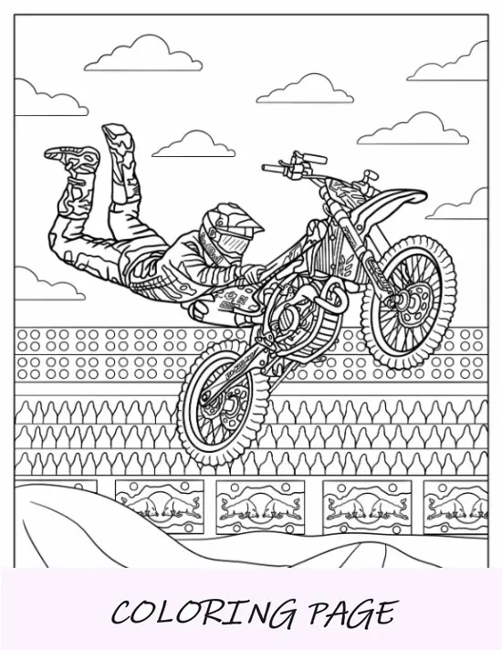 Pagina da colorare di Dirt Bike del pilota che fa il doppio trucco di attacco Hart su Redline Motorsports