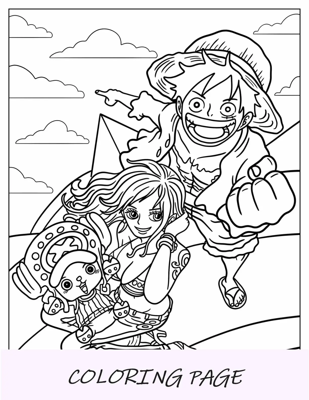 Página para colorear de Luffy con Nami y Tony Tony Chopper