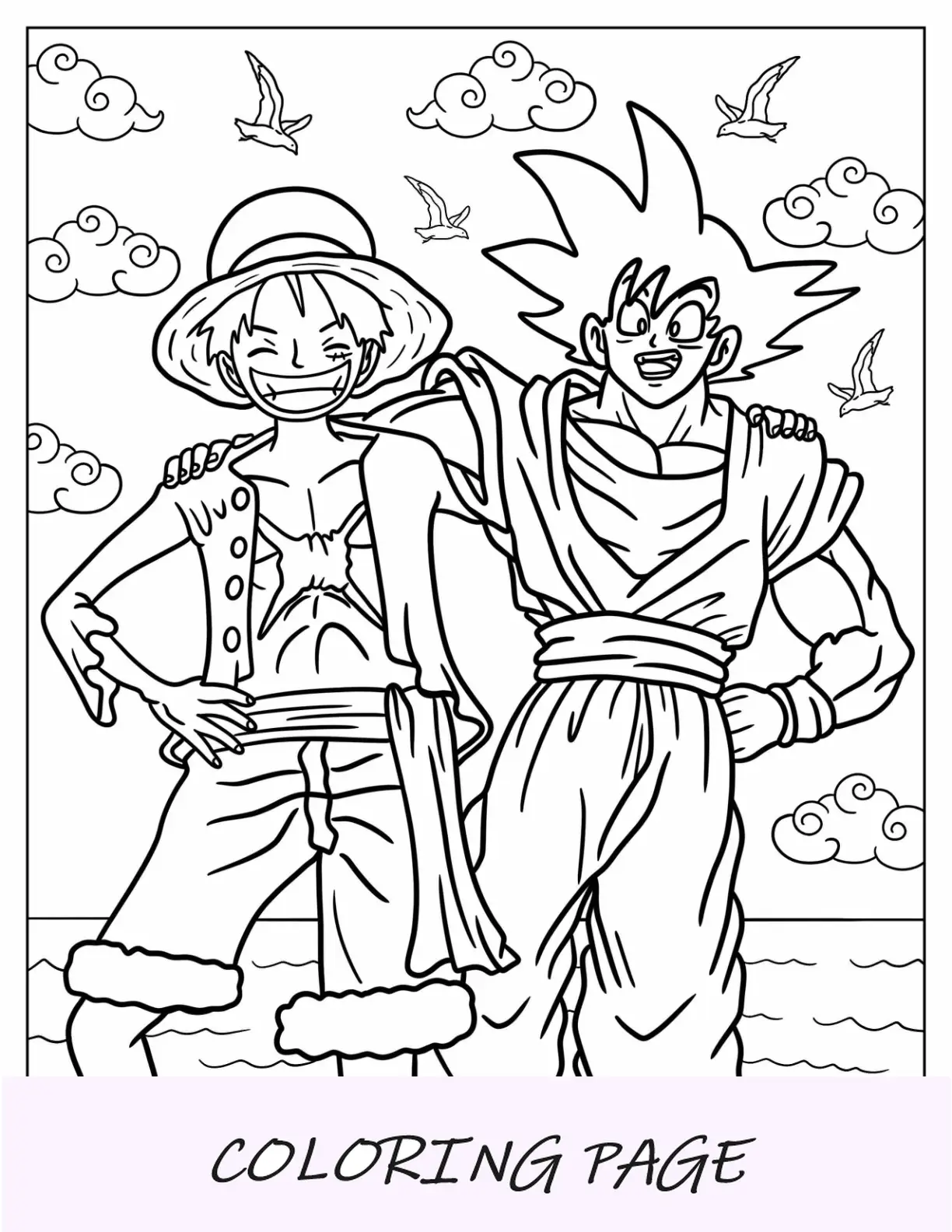 Dibujo para colorear de Luffy con sus brazos alrededor de Goku