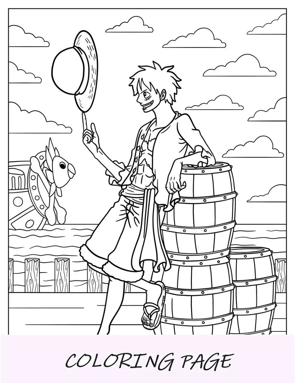 Página para colorear de Luffy apoyado en barriles en el puerto
