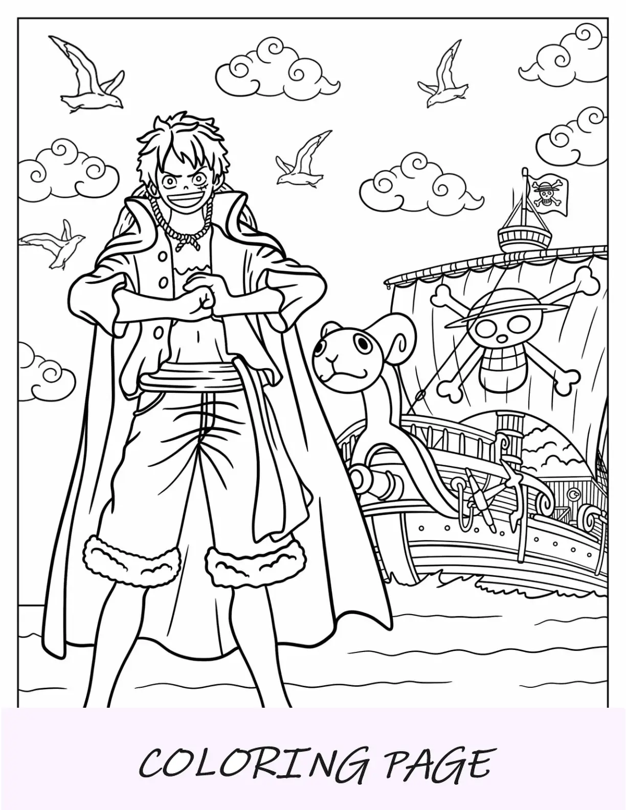 Página para colorear de Luffy en pose icónica de pie frente al barco feliz