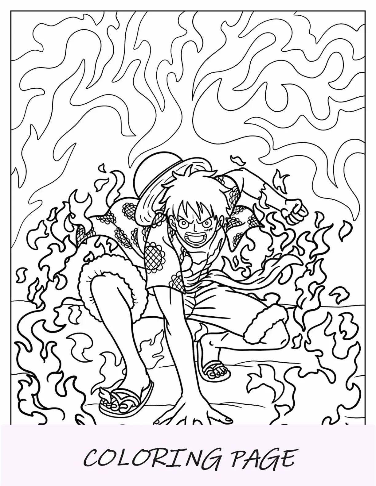 Dibujo para colorear de Luffy en modo batalla rodeado de fuego