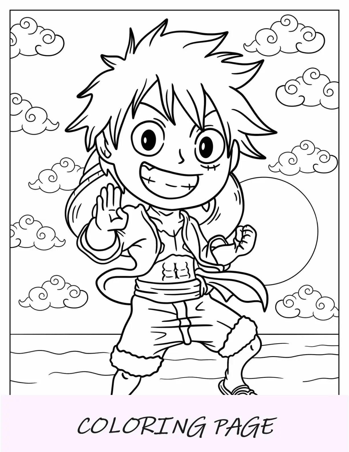 Página para colorear de Kawaii Luffy en pose de lucha en el mar para niños