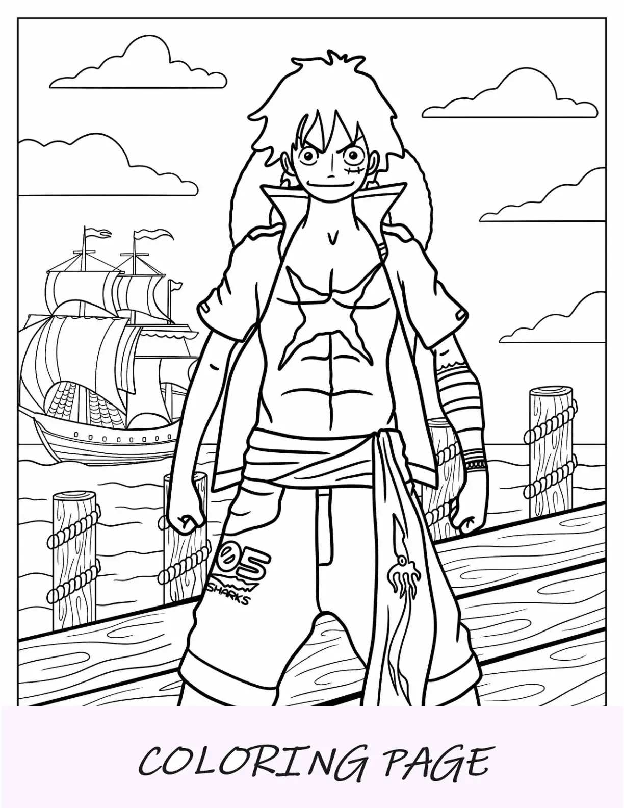 Esquema fácil de la página para colorear de Luffy de pie en el muelle