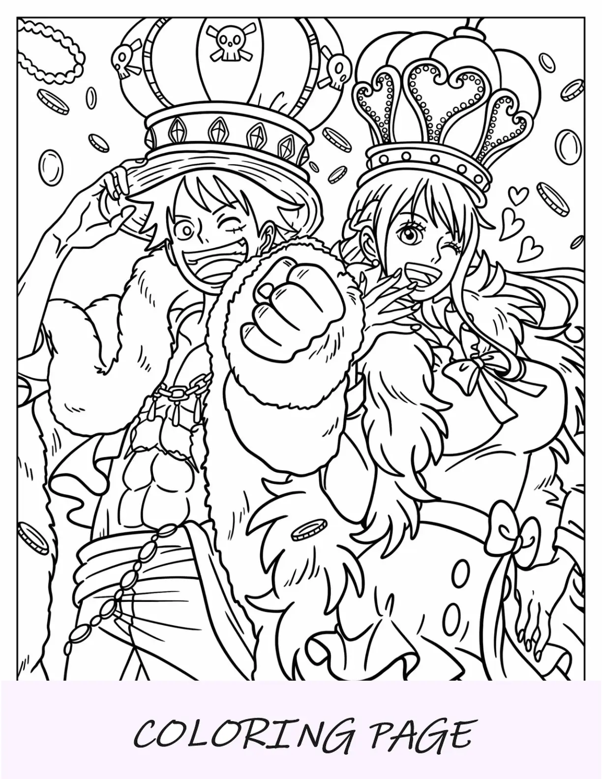 Página para colorear de Luffy con Nami con coronas
