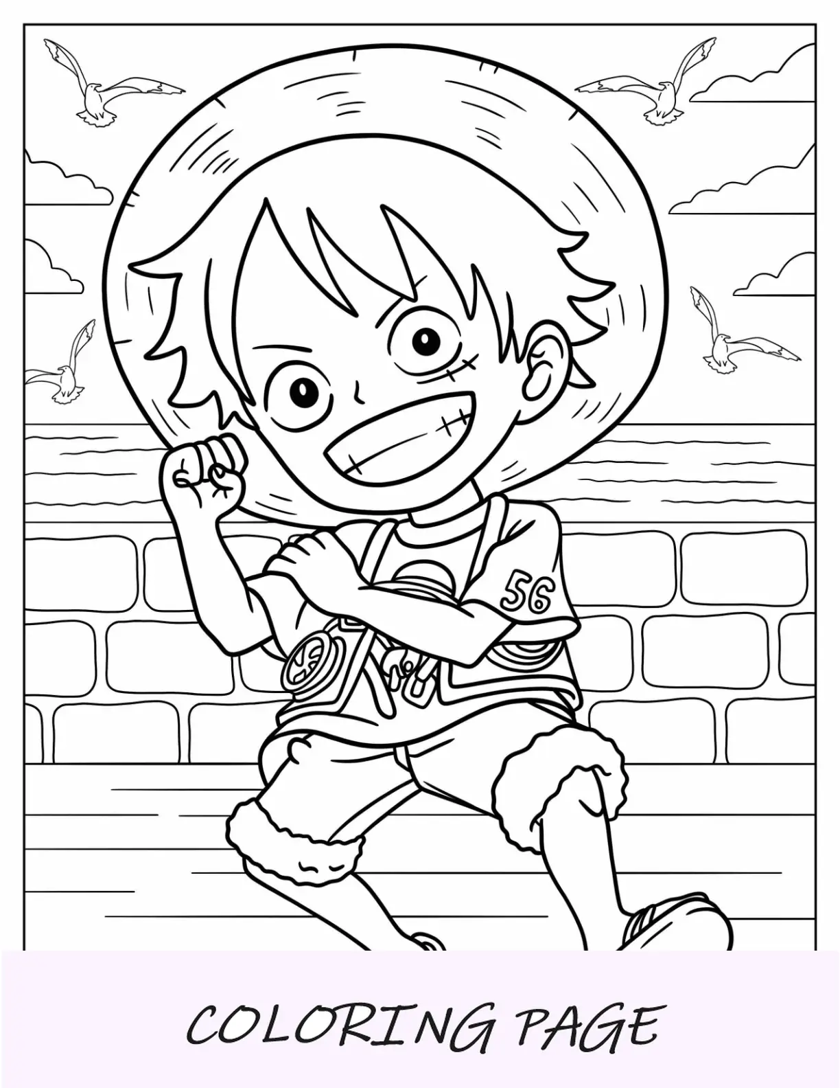 Linda página para colorear de Luffy mostrando bíceps para niños