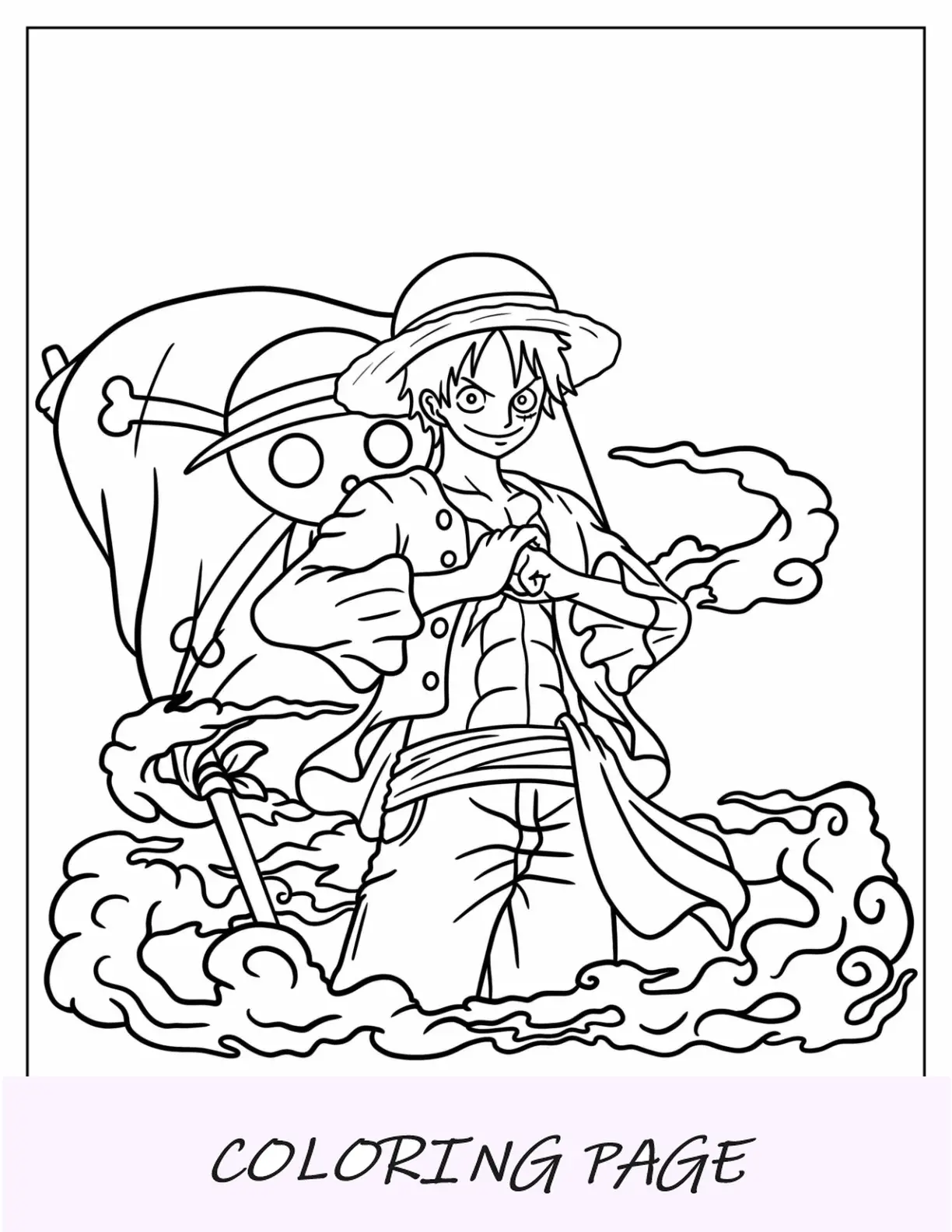 Página para colorear de Luffy de pie frente a la bandera pirata de Sombrero de Paja con niebla