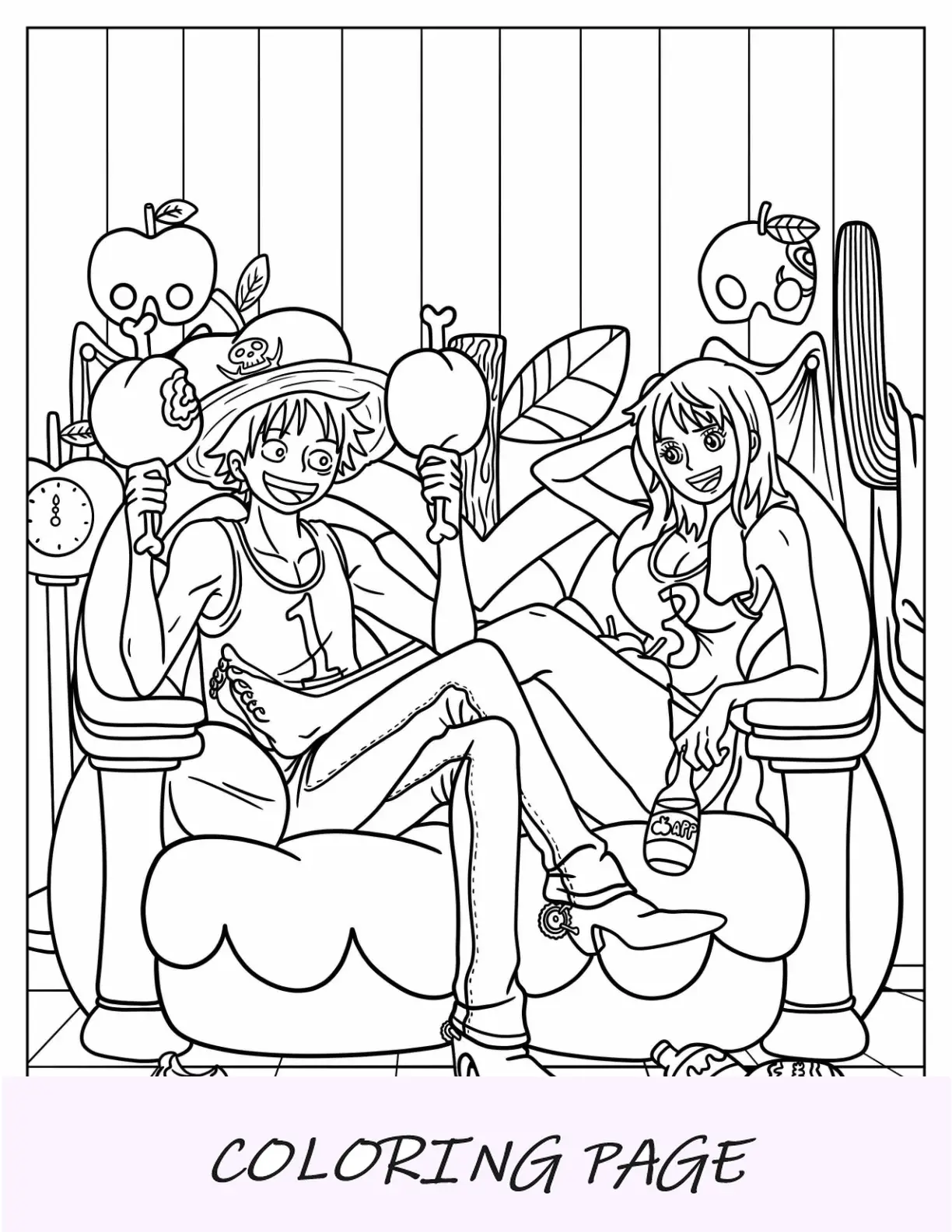 Dibujo para colorear de Luffy comiendo y bebiendo con Nami