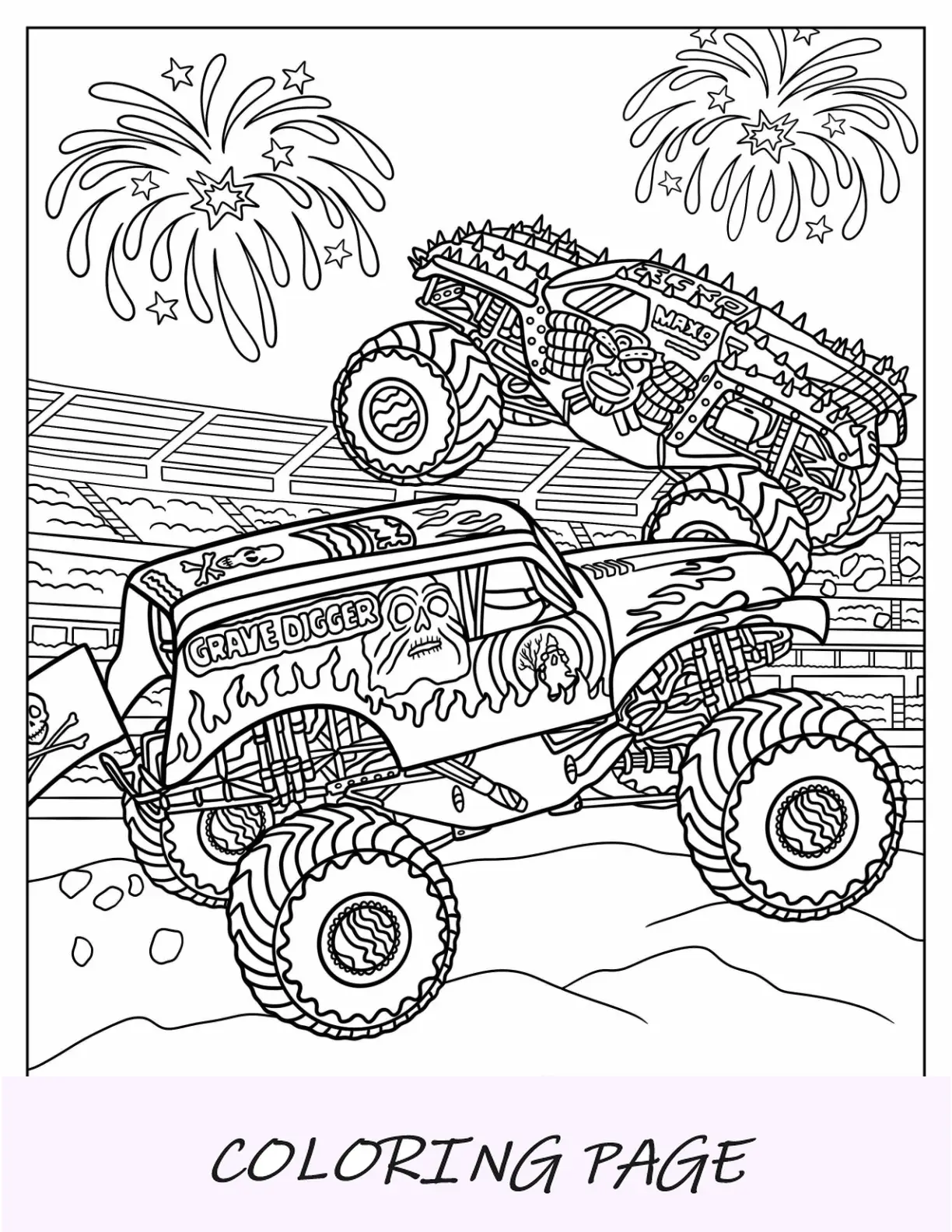 Monster Jam Pagina da colorare di Becchino con fuochi d'artificio