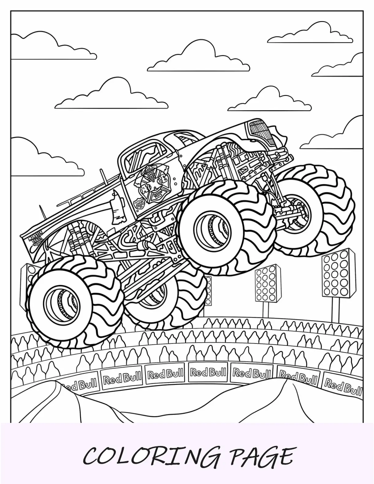 Monster Jam pagina da colorare di un camion con ascia in alto nell'aria