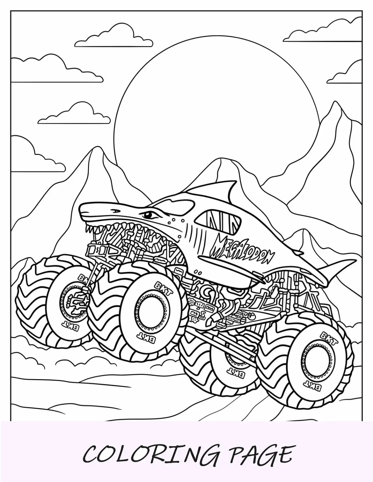 Pagina da colorare di Monster Jam del camion Megalodon nel deserto