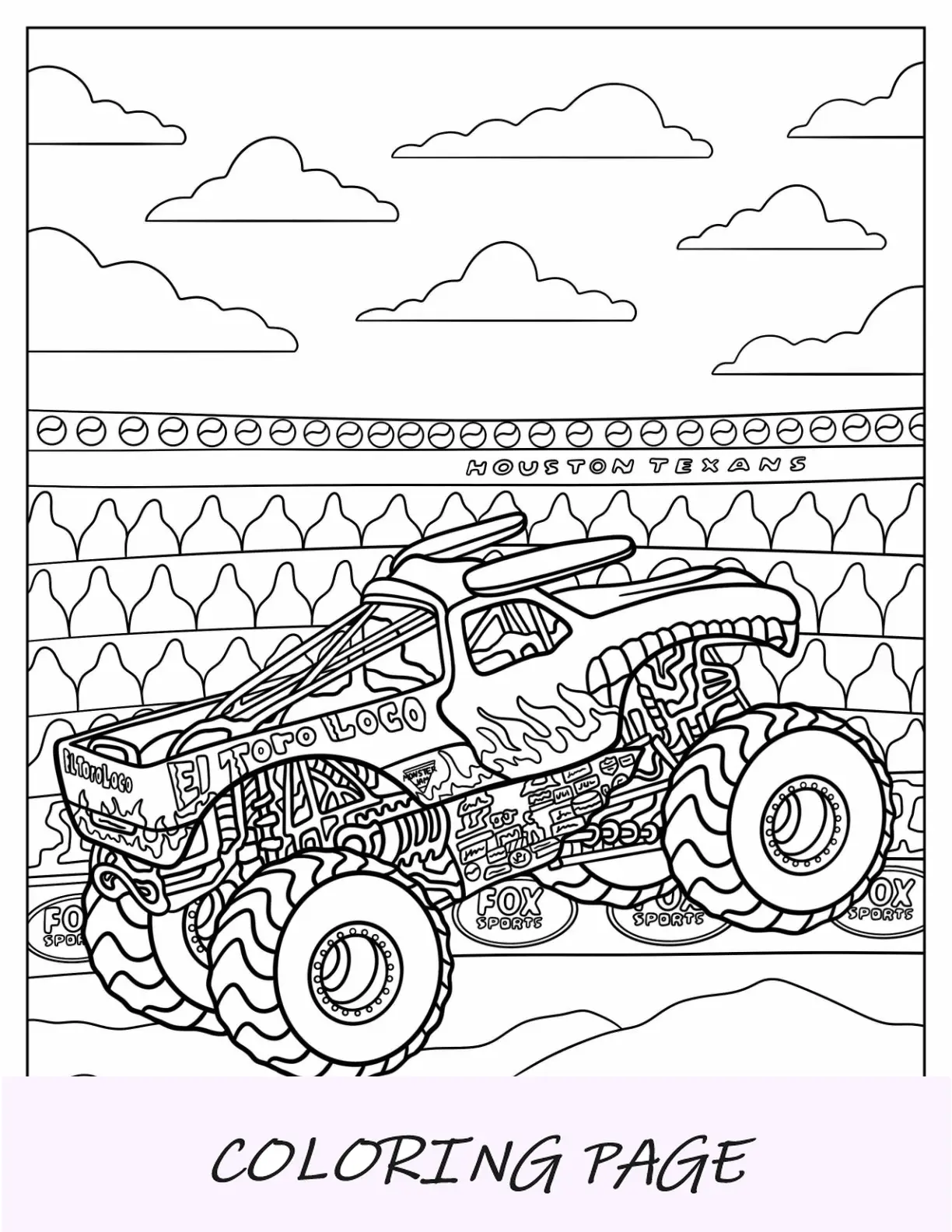 Monster Jam pagina da colorare del camion El Toro Loco su ruote posteriori