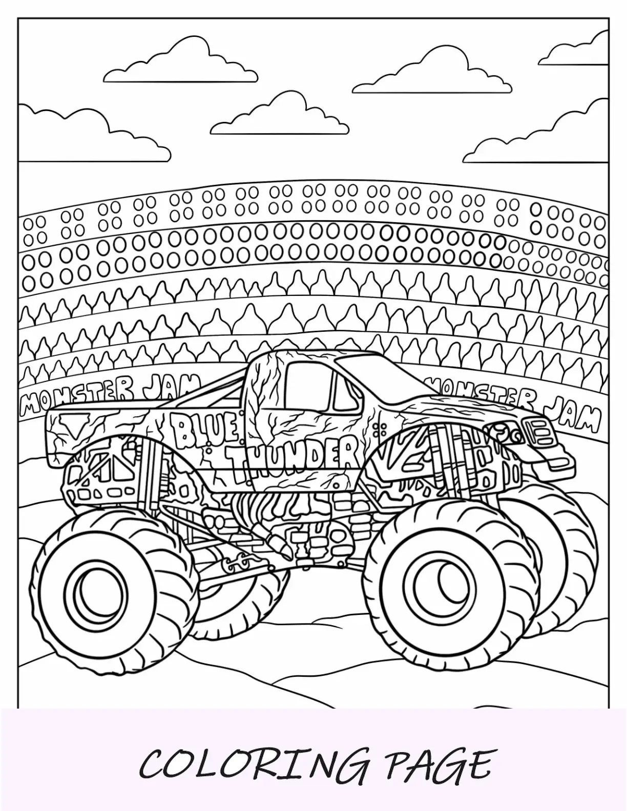 Pagina da colorare di Monster Jam di un camion Thunder blu dettagliato