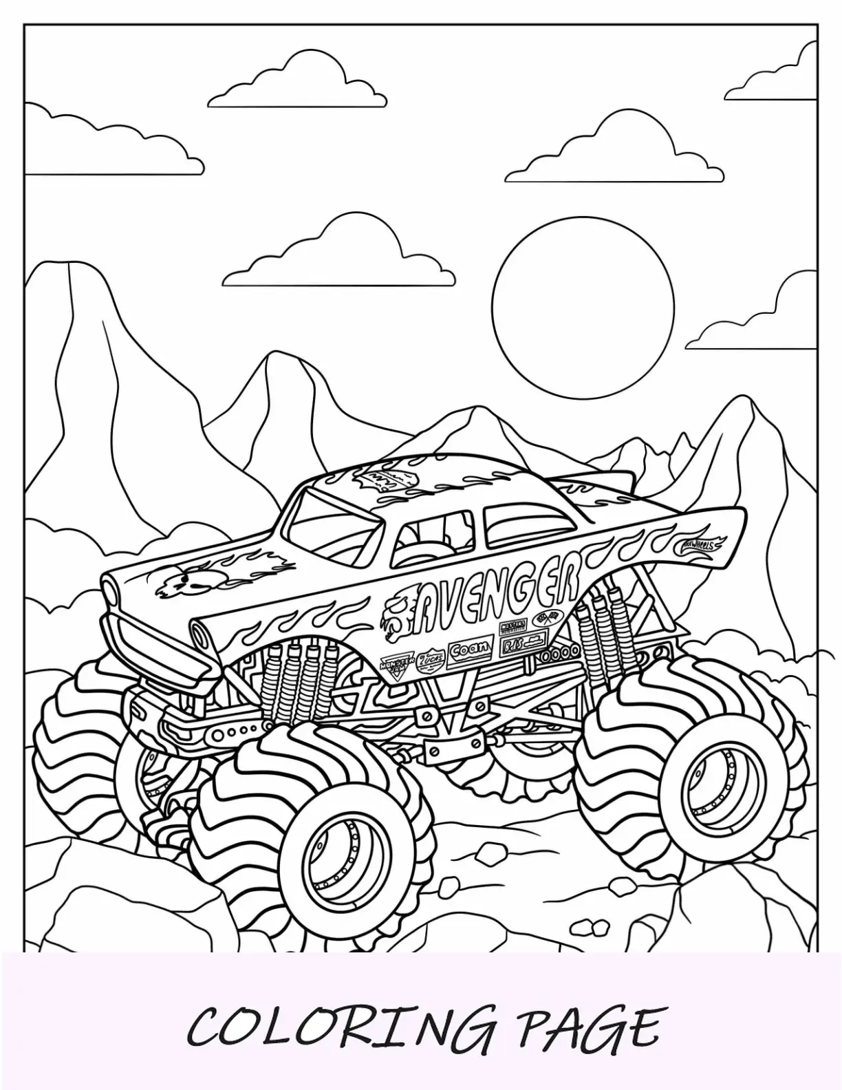 Pagina da colorare di Monster Jam del camion Avenger su terreno roccioso