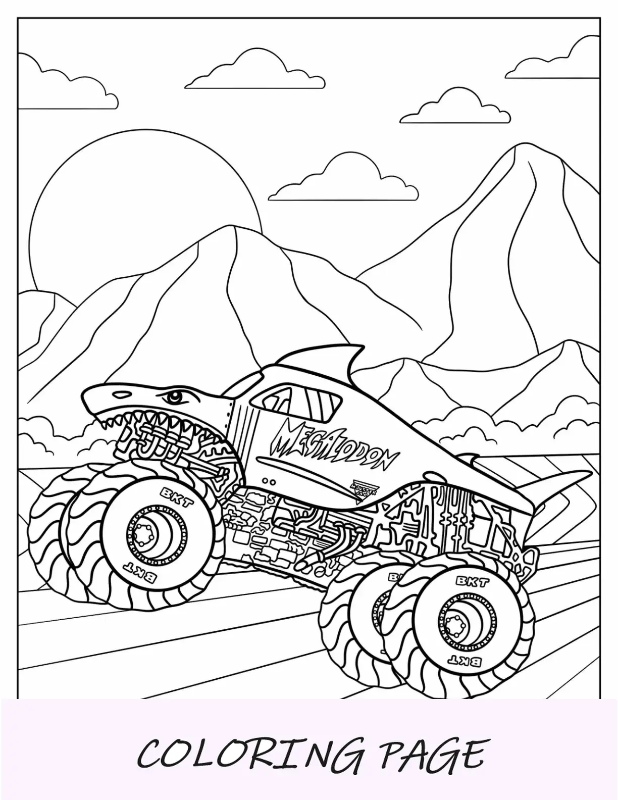 Monster Jam da colorare pagina di camion Megalodon sulla strada