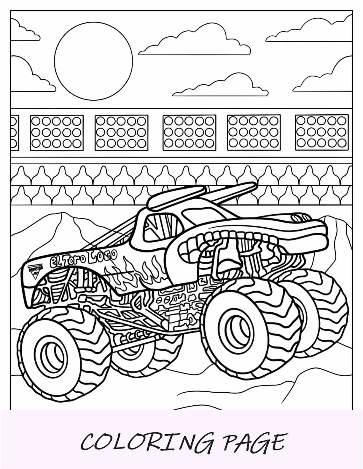 Monster Jam da colorare pagina di semplice toro pazzo di giorno