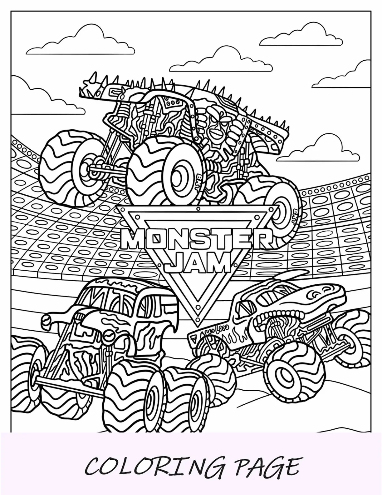 Monster Jam pagina da colorare di poster con camion nell'arena