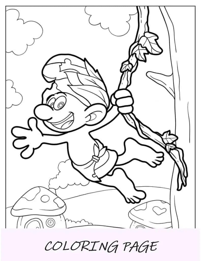Página para colorir de Jokey Smurf com presente de Natal