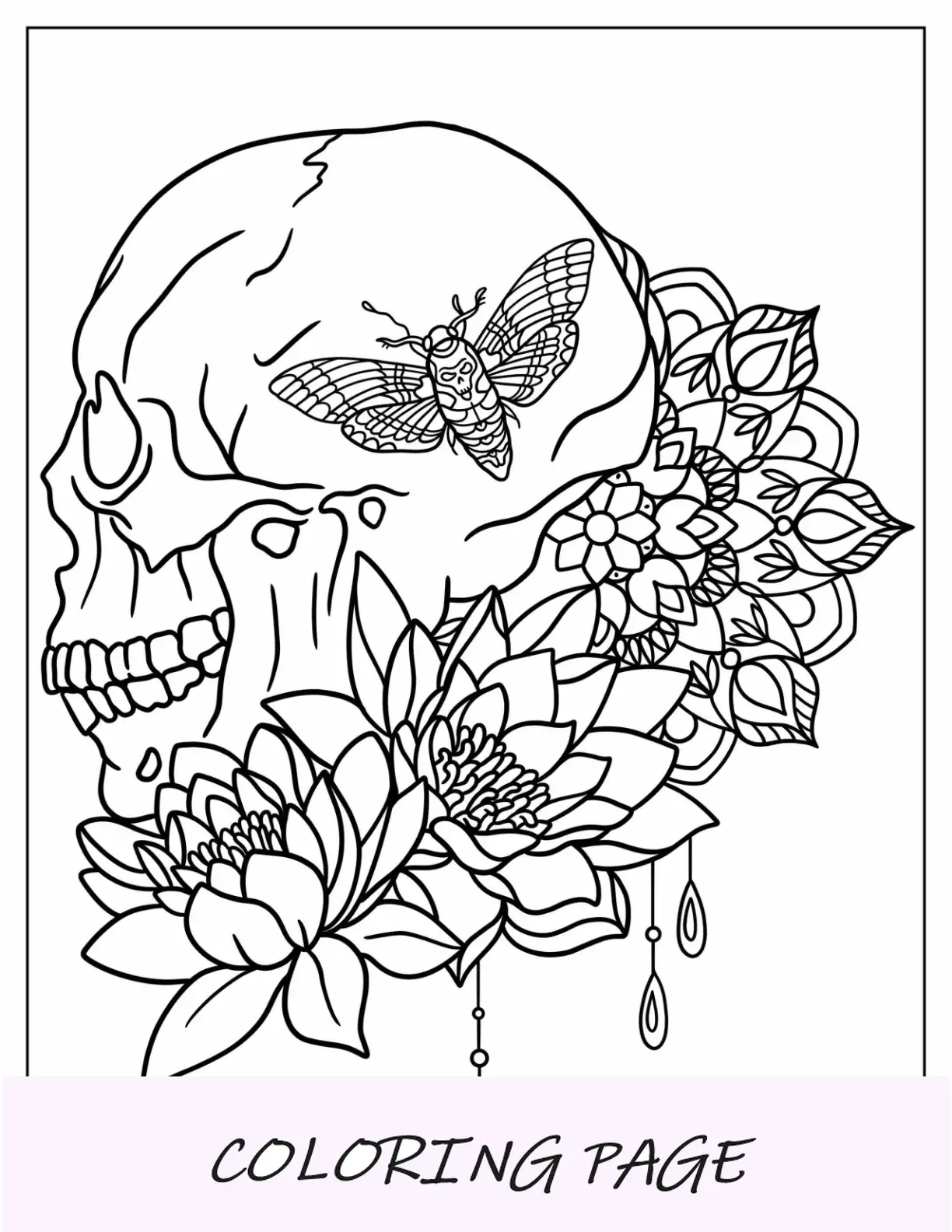 Página para colorear de tatuaje de calavera realista con polilla y flores para adultos