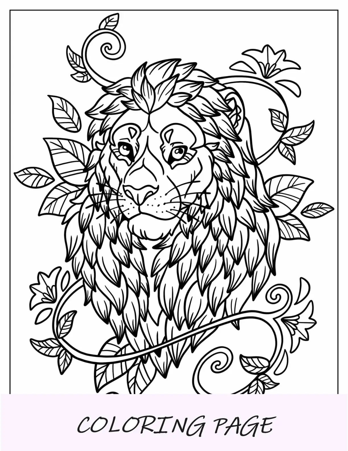 Tatuaje de cabeza de león rodeada de hojas para colorear
