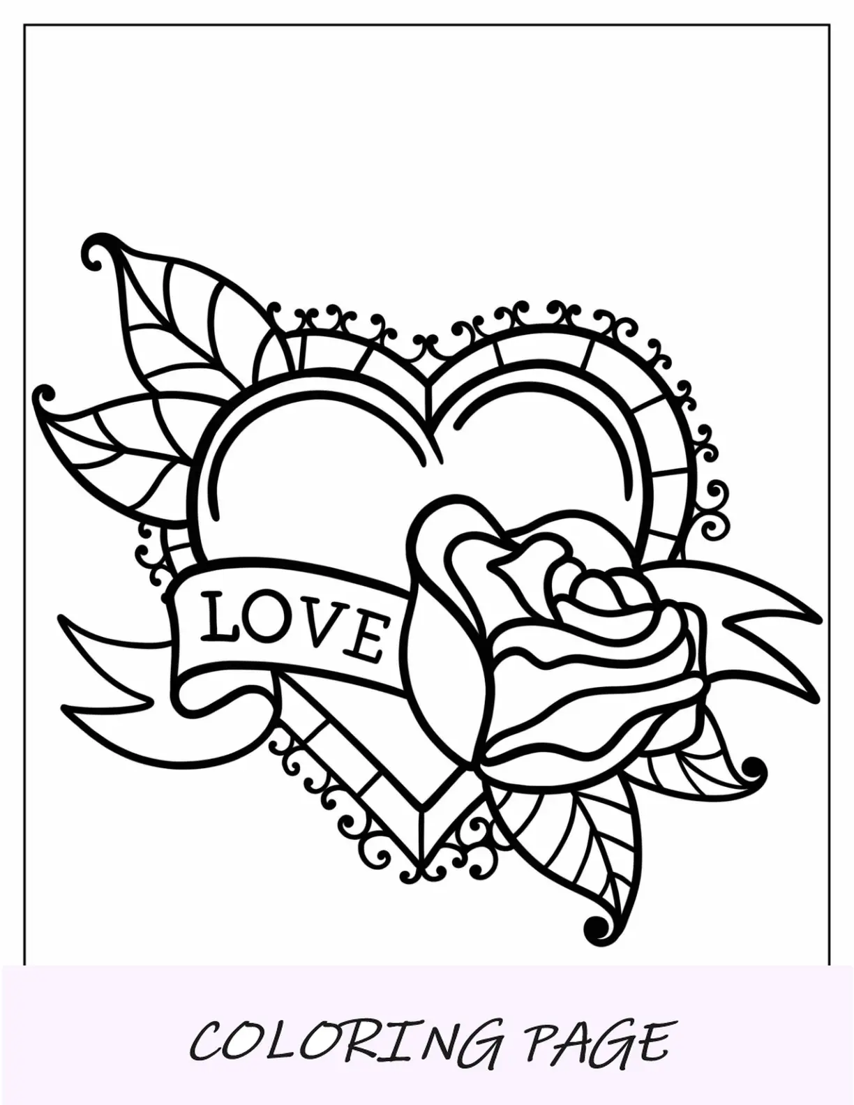 Página para colorear de tatuaje de corazón con rosa de amor para niños