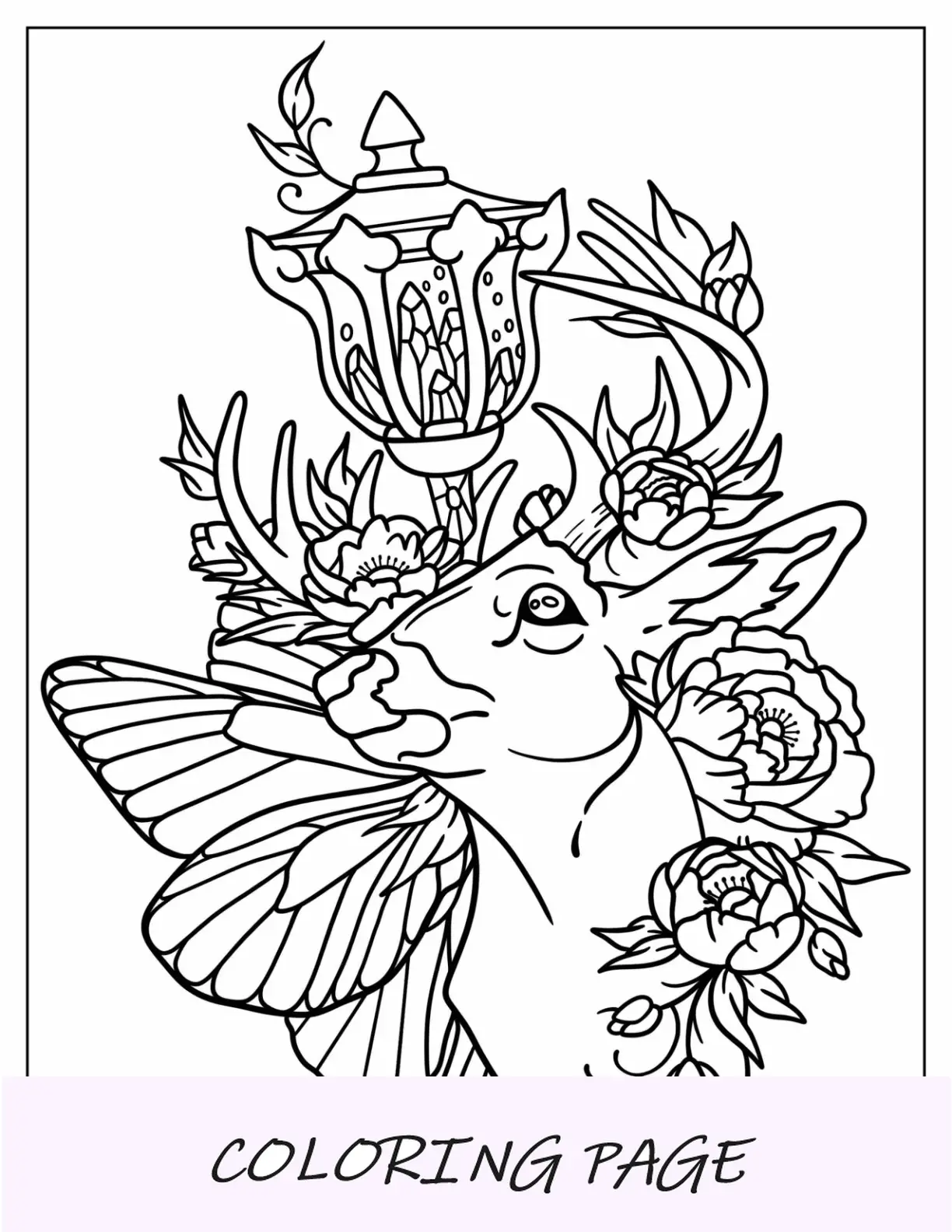 Tatuaje de ciervo con flores, alas de mariposa y lámpara para colorear