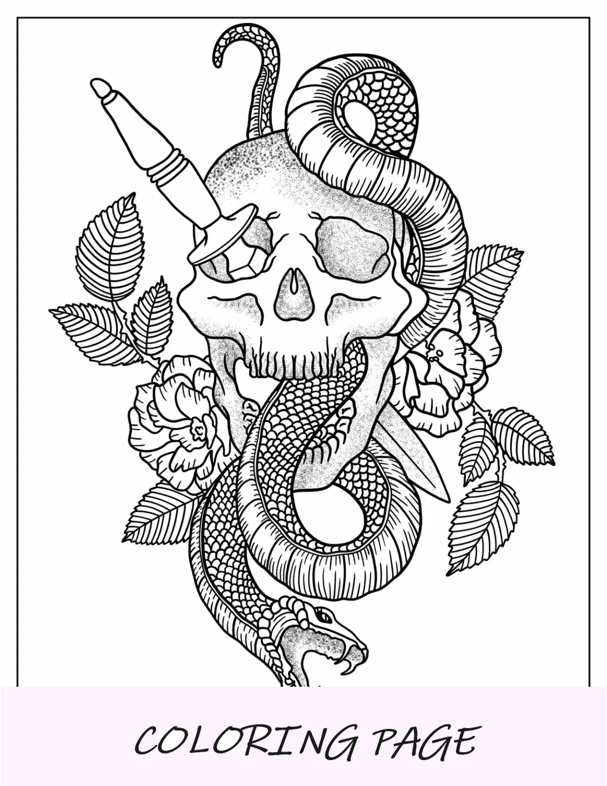 Tatuaje De Calavera, Serpiente Y Daga Para Colorear