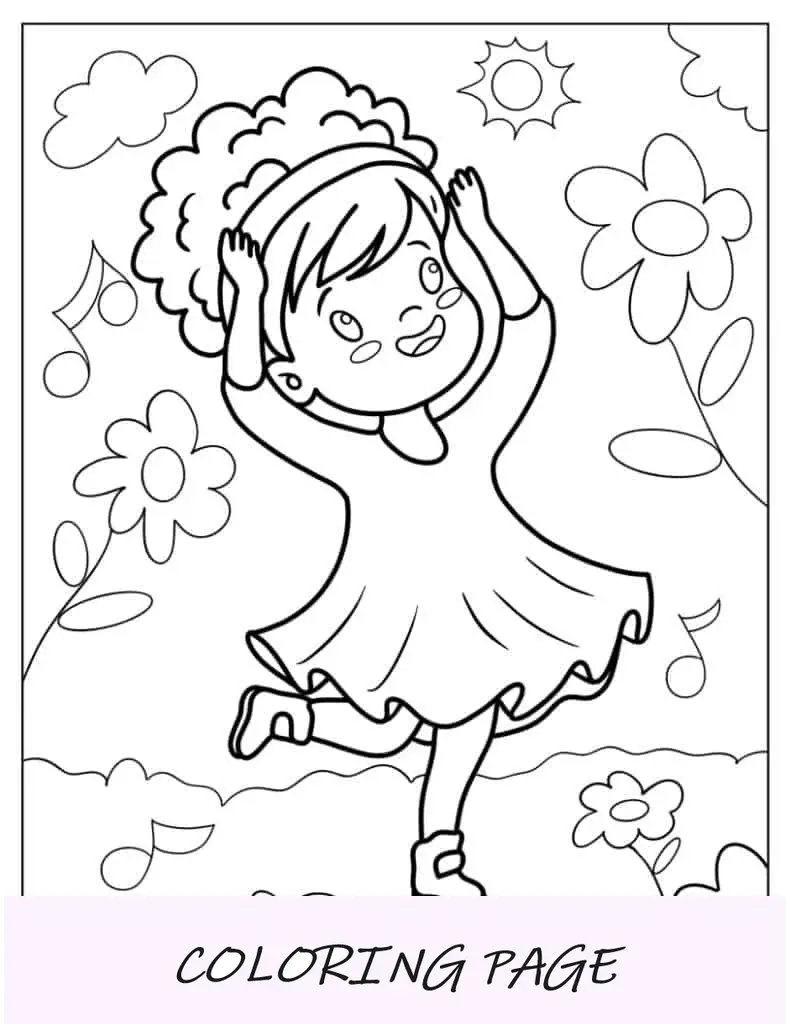 Menina dançando para as crianças colorirem