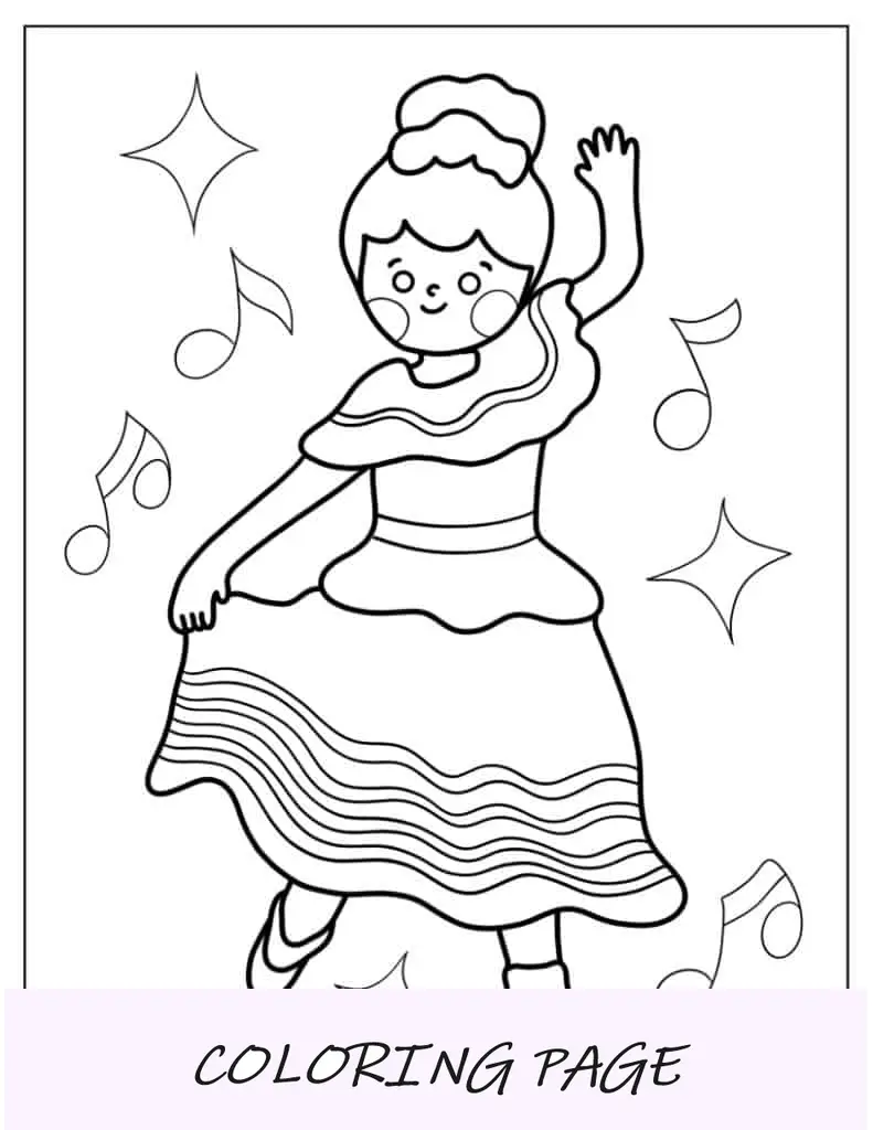 Página para colorir de menina Kawaii dançando para crianças