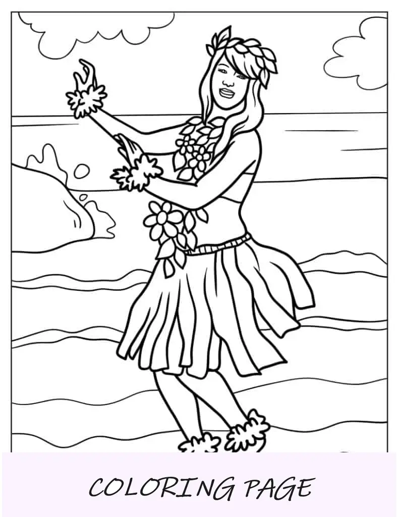 Página para colorir realista de uma mulher dançando Hula