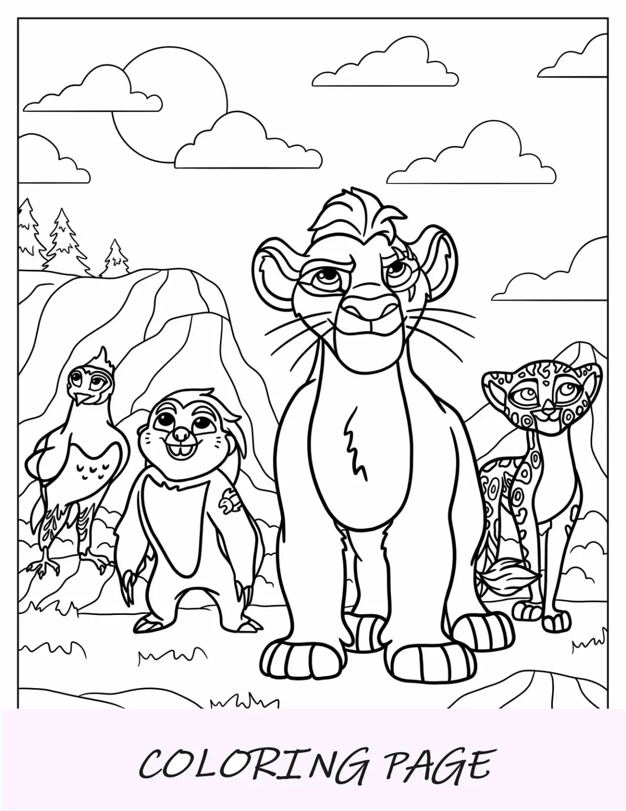 Página para colorir do Guarda Leão Kion, Fuli, Beshte e Bunga