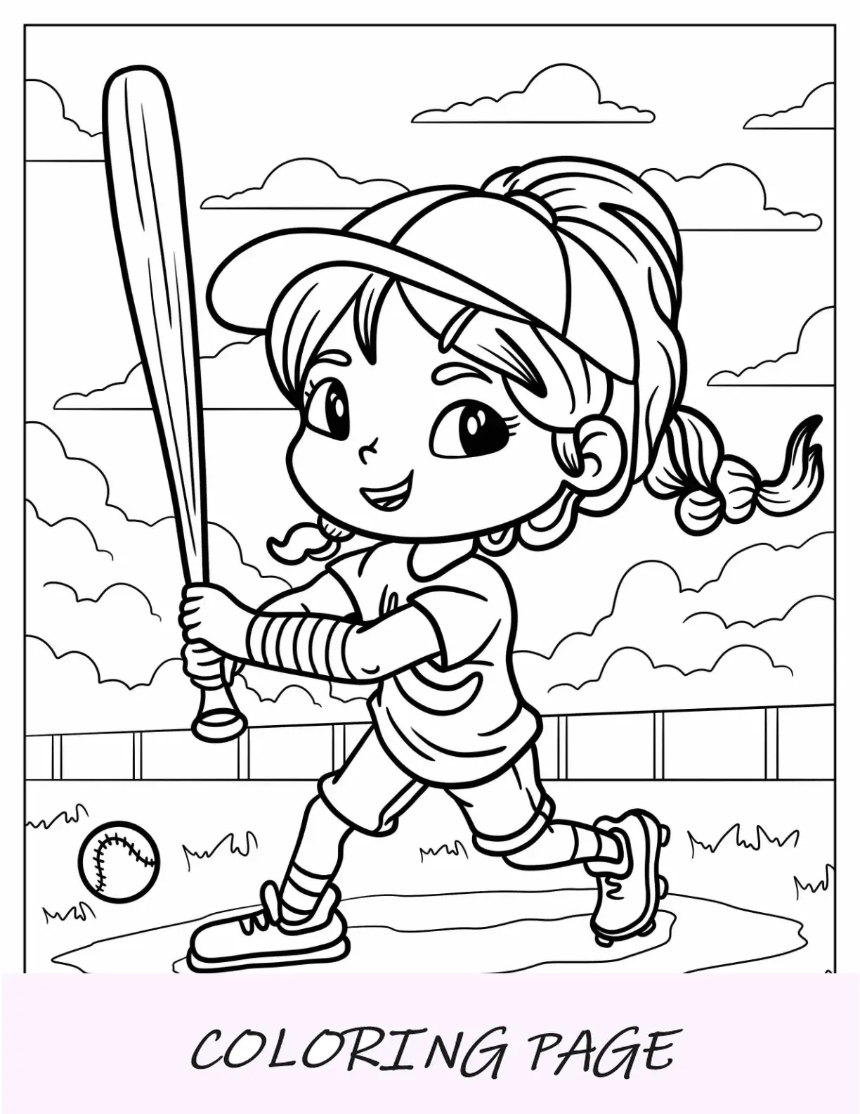 Jogadora de página para colorir de beisebol de garota kawaii segurando um taco